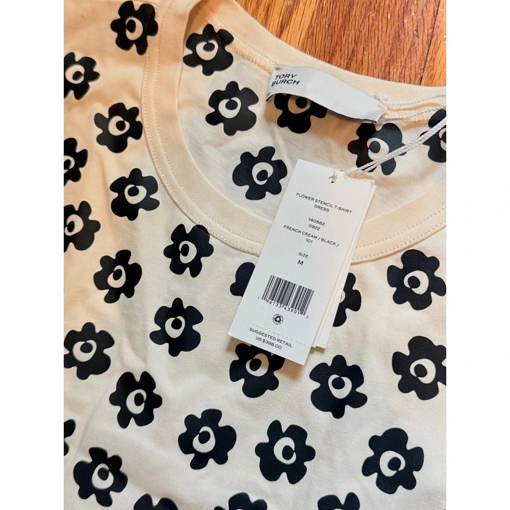 Tory‎ Burch Flower Stencil T-Shirt Dress French Cream Black Floral Size M
